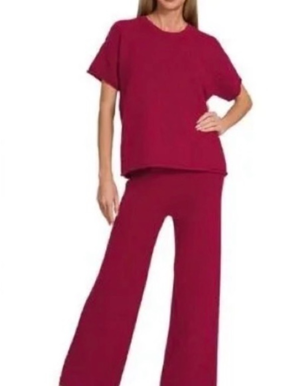 Zenana Women's Cozy Lounge Set in Cabernet cable knit top & Wide-Leg knit Pants